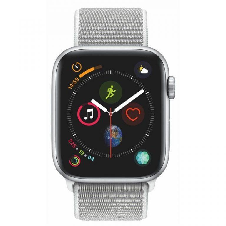 Apple Watch Series 4 GPS 44mm pouzdro ze stříbrného hliníku – mušlově bílý provlékací sportovní řemínek CZ verze (MU6C2HC/A)