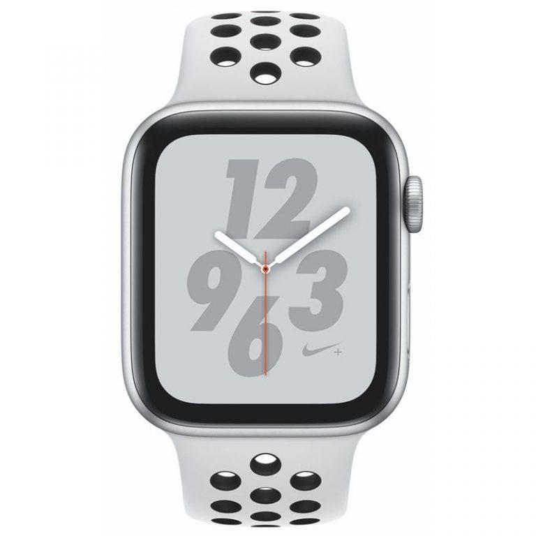 Apple Watch Nike+ Series 4 GPS 44mm pouzdro ze stříbrného hliníku – platinový/černý sportovní řemínek Nike (MU6K2HC/A)