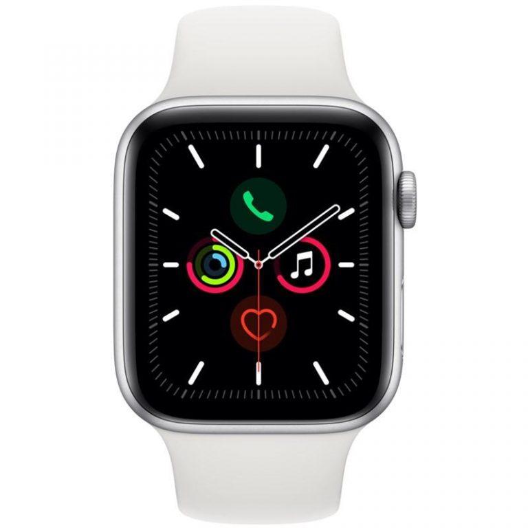 Apple Watch Series 5 GPS 44mm pouzdro ze stříbrného hliníku – bílý sportovní řemínek (MWVD2HC/A)